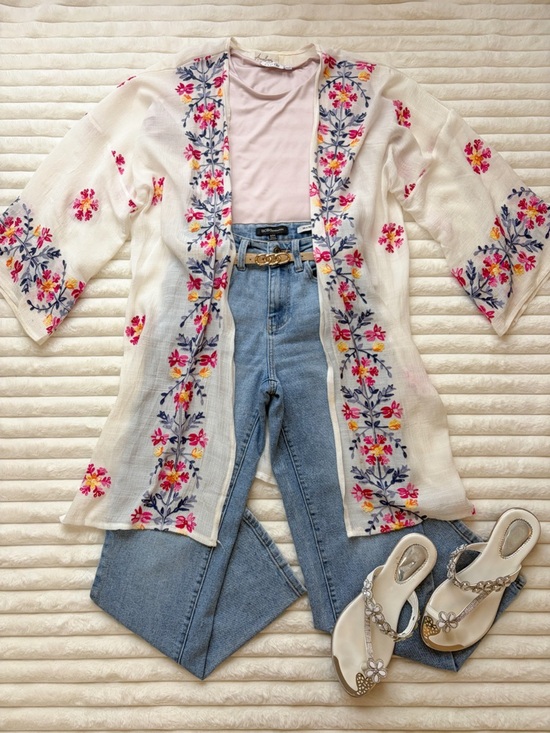 Sweaters - Boho Embroidered Kimono Cardigan Outfit Bundle | Floral Layered Spring Look